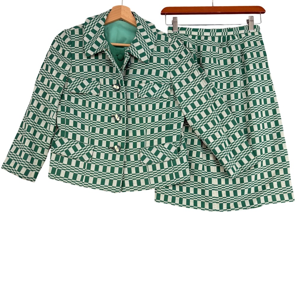 Vintage Paul Blumenstein 3pc Skirt Suit Green White Geometric Mod 60s Set Jackie